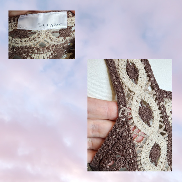 Sugar Brown Cream Crochet Boho Hippie Fairy Whimsi Geometric Knit Crop Tank Top - Picture 4 of 4